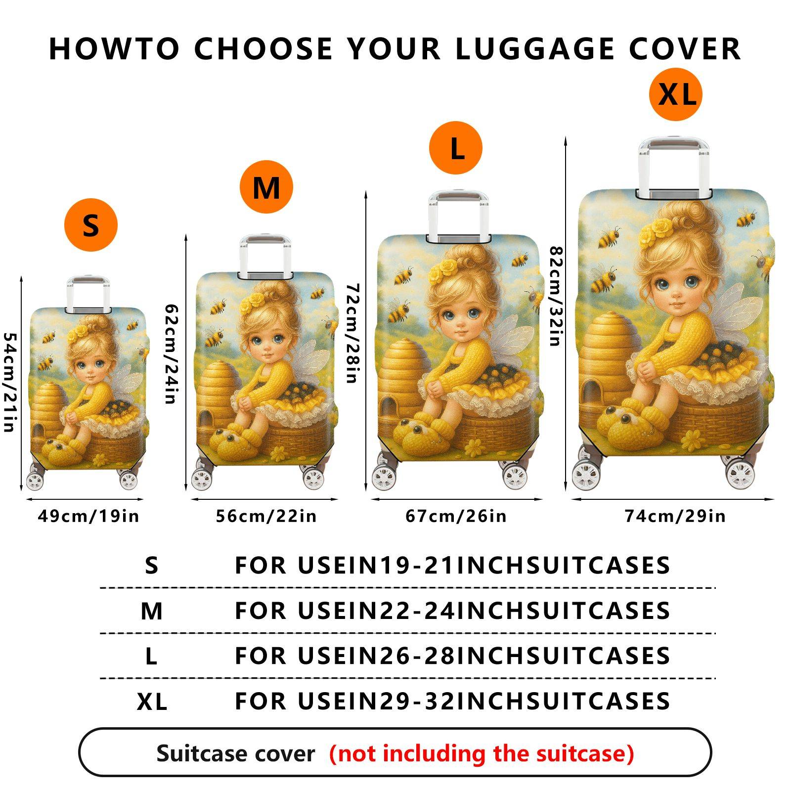 1-Piece Honey Bee Fairy Garden Flower Cute Pattern  Suitcase Luggage Cover, Stretch Protective Sleeve