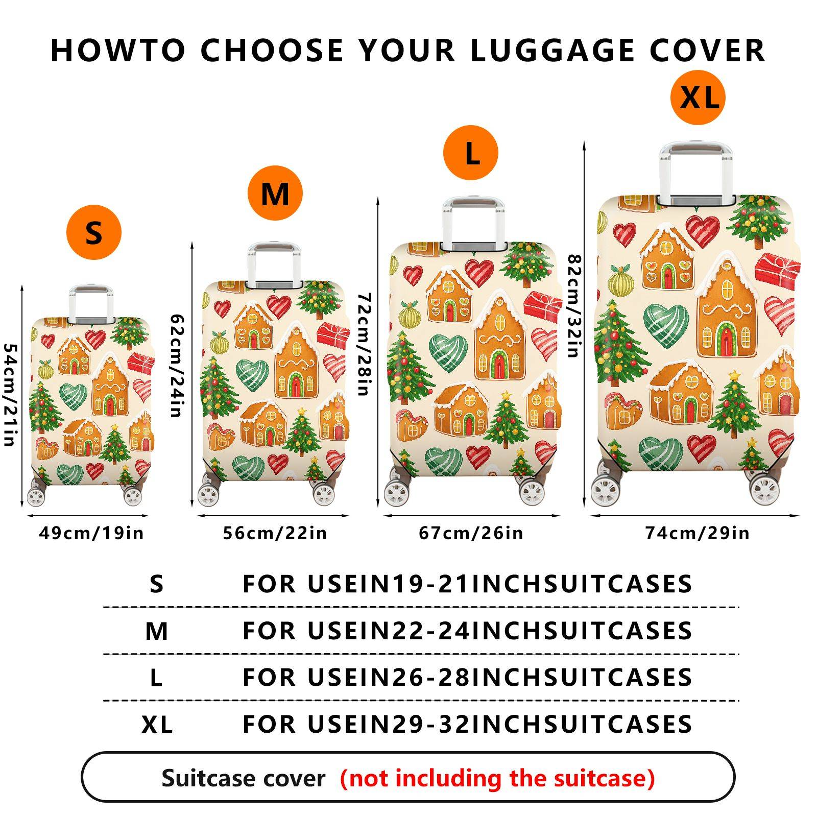 1-Piece Gingerbread House Christmas Tree Heart Ornament Gift  Suitcase Luggage Cover, Stretch Protective Sleeve