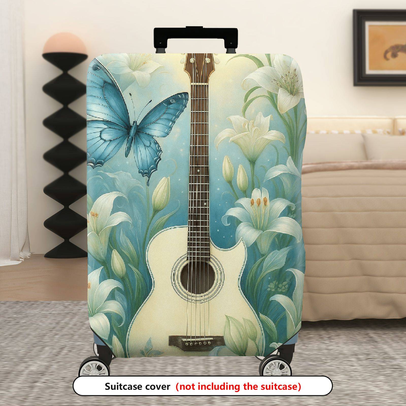 1-Piece Butterfly Floral Guitar Blue Artistic Elegant Nature  Suitcase Luggage Cover, Stretch Protective Sleeve