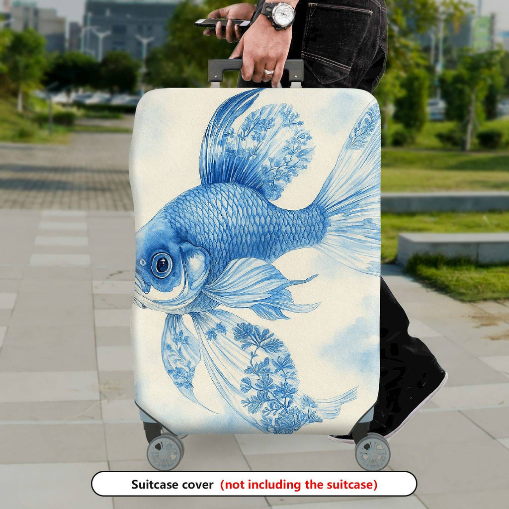 1-Piece Artistic Blue Fish Floral Nature Elegant  Suitcase Luggage Cover, Stretch Protective Sleeve