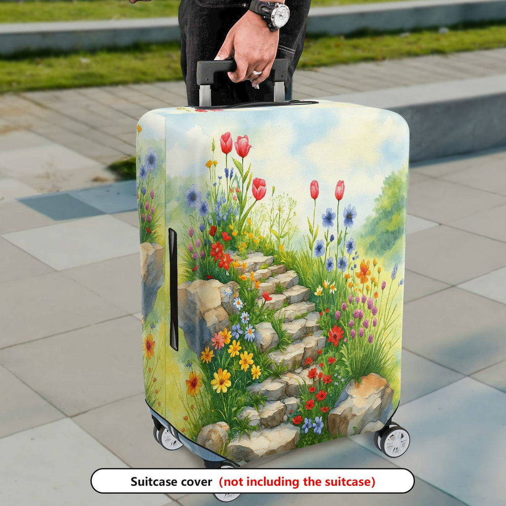 1-Piece Floral Garden Path Colorful Flowers Stone Staircase Scenic  Suitcase Luggage Cover, Stretch Protective Sleeve