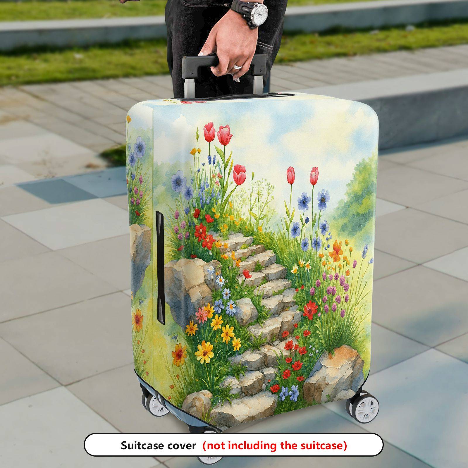 1-Piece Floral Garden Path Colorful Flowers Stone Staircase Scenic  Suitcase Luggage Cover, Stretch Protective Sleeve