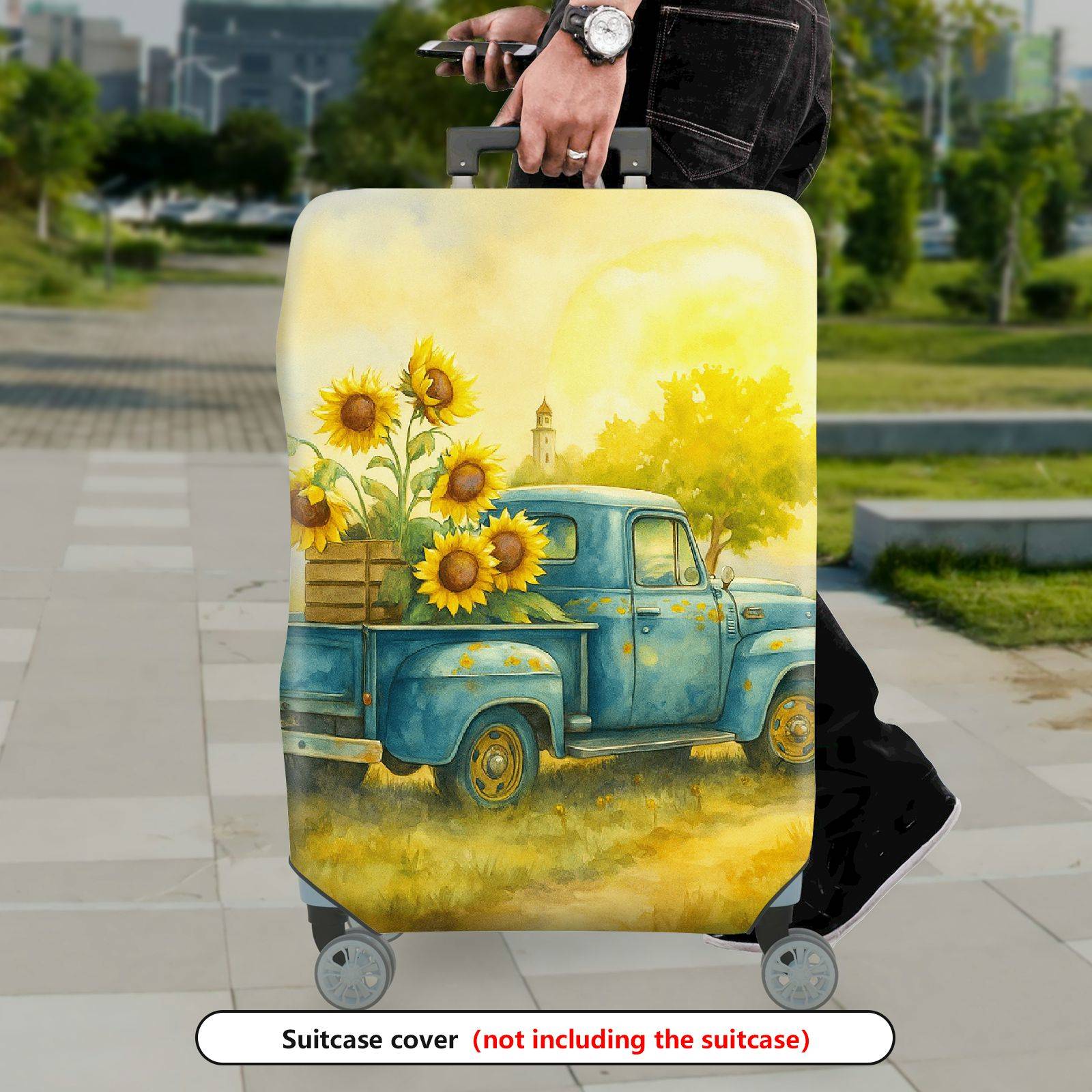 1-Piece Summer Sunflower Farm Vintage Truck Nature Art  Suitcase Luggage Cover, Stretch Protective Sleeve