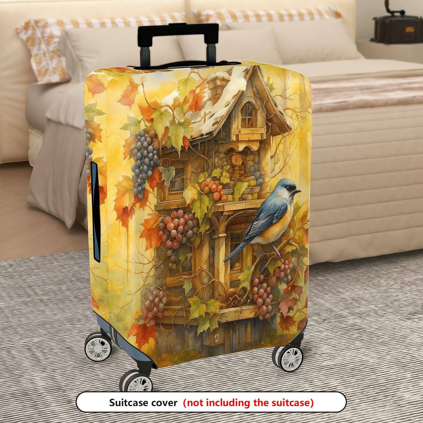 1-Piece Vintage Autumn Birdhouse Grapevine Leaves Artistic  Suitcase Luggage Cover, Stretch Protective Sleeve