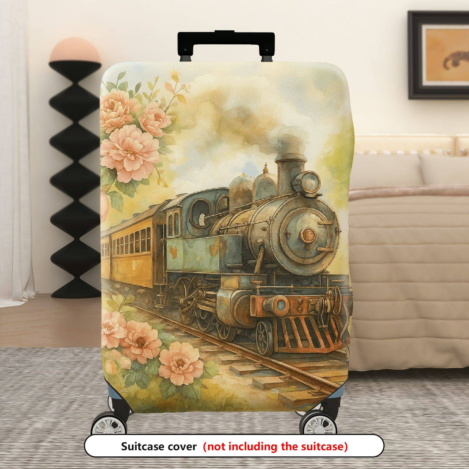 1-Piece Vintage Floral Train Painting Nature Retro Artistic  Suitcase Luggage Cover, Stretch Protective Sleeve