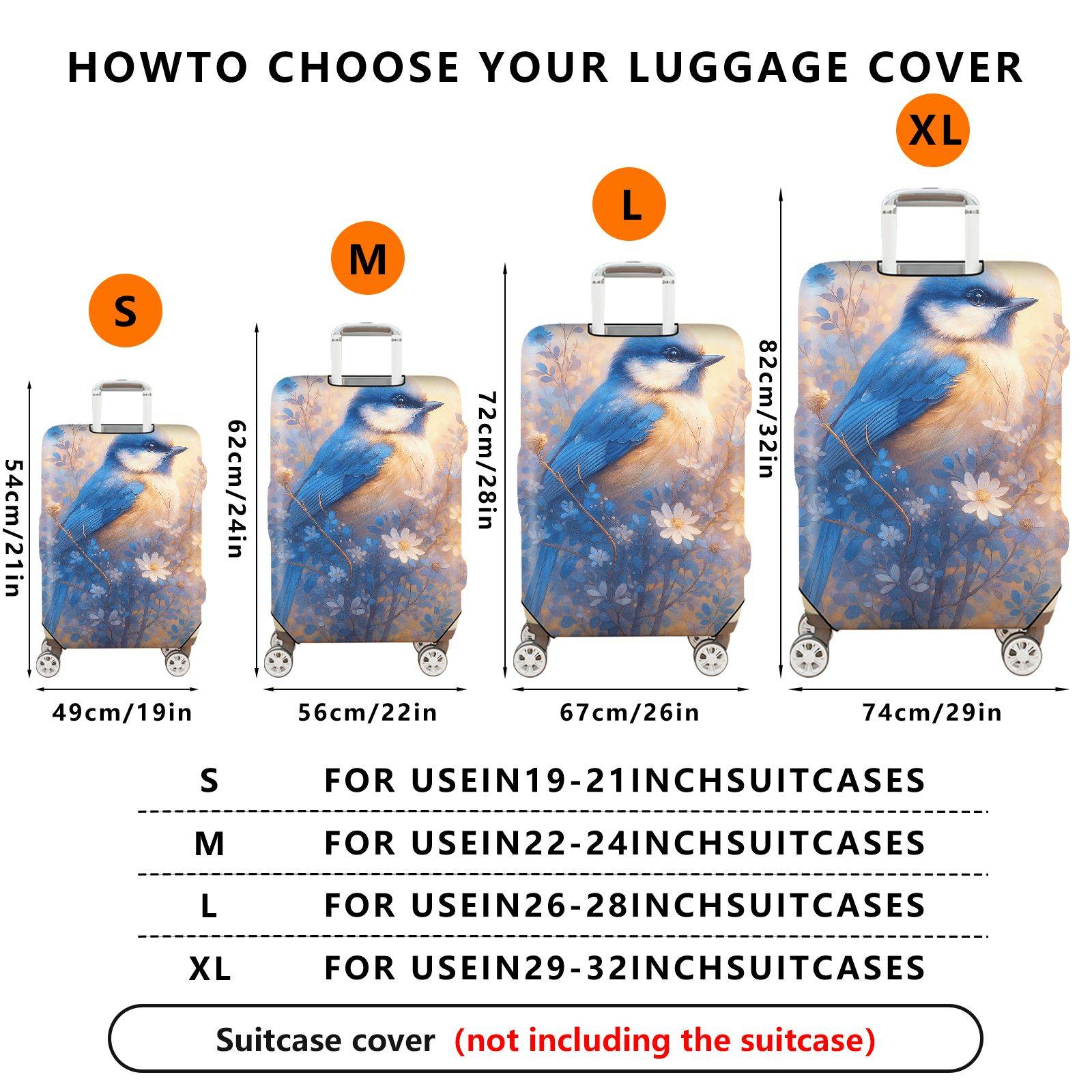 1-Piece Blue Bird Floral Nature Artistic  Suitcase Luggage Cover, Stretch Protective Sleeve