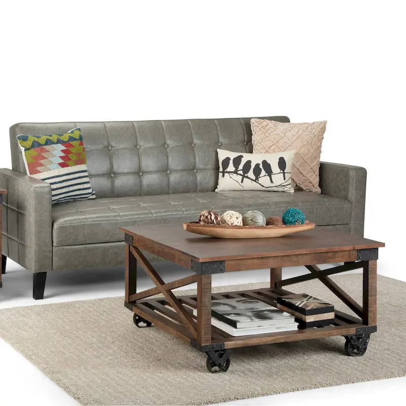 WYNDENHALL Barrie SOLID MANGO WOOD and Metal 32 inch Wide Square Industrial Coffee Table in Distressed Dark Brown - 32 x 32 x 18-11