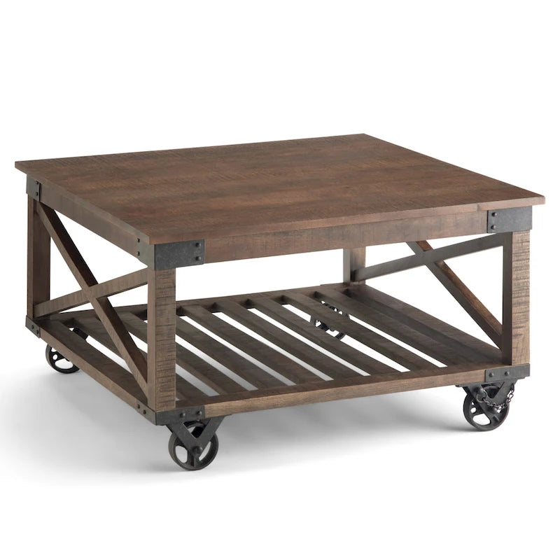 WYNDENHALL Barrie SOLID MANGO WOOD and Metal 32 inch Wide Square Industrial Coffee Table in Distressed Dark Brown - 32 x 32 x 18-2