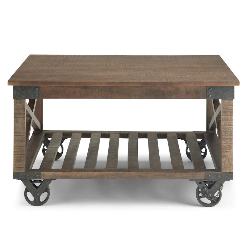 WYNDENHALL Barrie SOLID MANGO WOOD and Metal 32 inch Wide Square Industrial Coffee Table in Distressed Dark Brown - 32 x 32 x 18-9