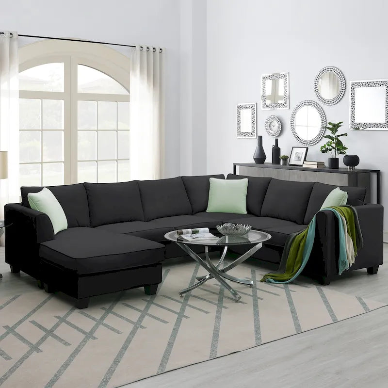 112*87 Sectional Sofa Couches Living Room Sets 7 Seats Modular Sectional Sofa with 3 Pillows, Black-11
