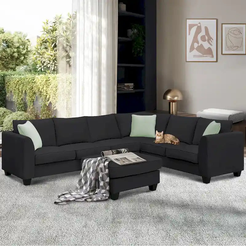 112*87 Sectional Sofa Couches Living Room Sets 7 Seats Modular Sectional Sofa with 3 Pillows, Black-2
