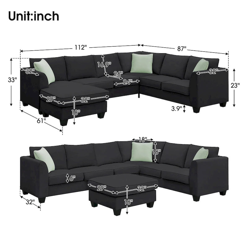 112*87 Sectional Sofa Couches Living Room Sets 7 Seats Modular Sectional Sofa with 3 Pillows, Black-3