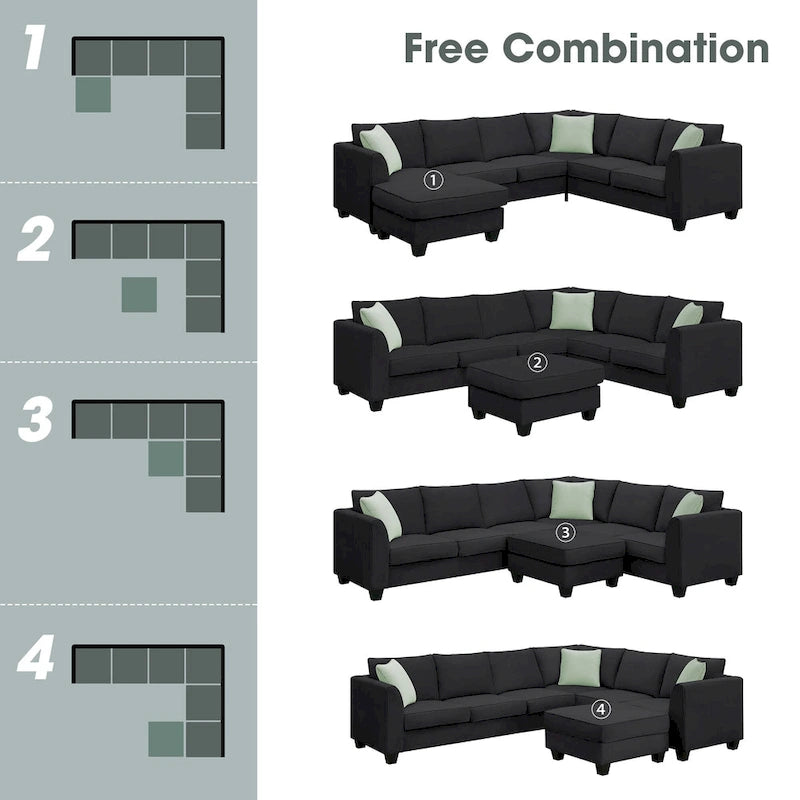 112*87 Sectional Sofa Couches Living Room Sets 7 Seats Modular Sectional Sofa with 3 Pillows, Black-4