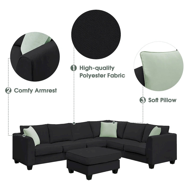 112*87 Sectional Sofa Couches Living Room Sets 7 Seats Modular Sectional Sofa with 3 Pillows, Black-5