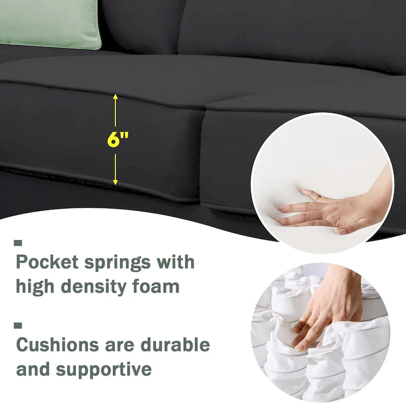 112*87 Sectional Sofa Couches Living Room Sets 7 Seats Modular Sectional Sofa with 3 Pillows, Black-7