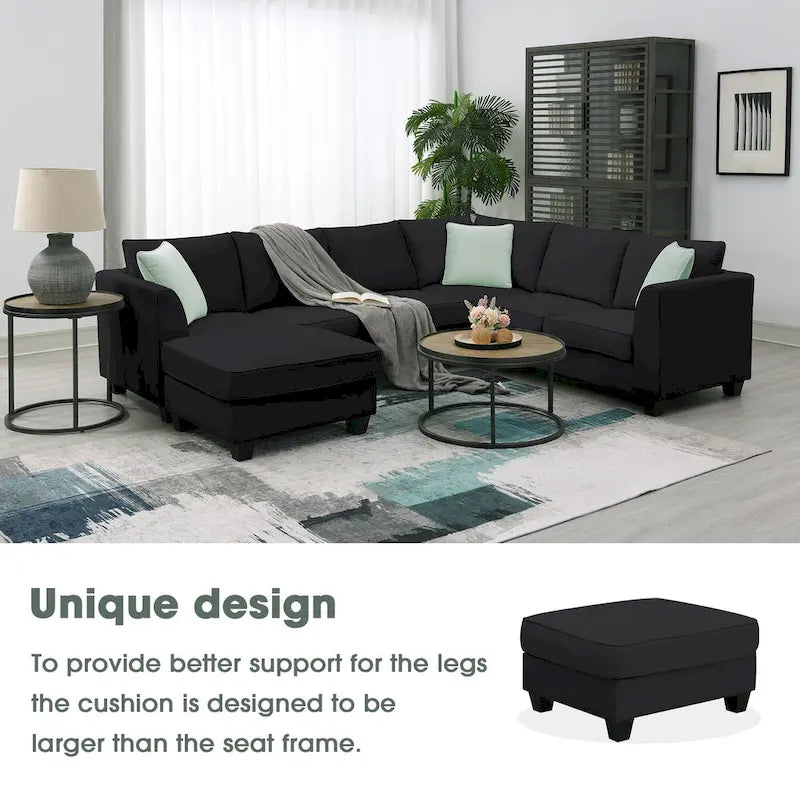 112*87 Sectional Sofa Couches Living Room Sets 7 Seats Modular Sectional Sofa with 3 Pillows, Black-8