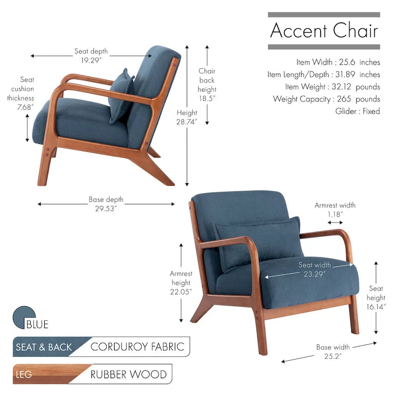 Porthos Home Biana Corduroy Fabric Accent Chair with Pillow and Rubberwood Frame-5