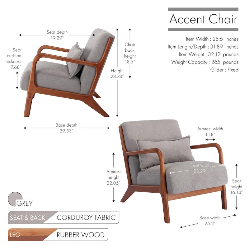 Porthos Home Biana Corduroy Fabric Accent Chair with Pillow and Rubberwood Frame-10