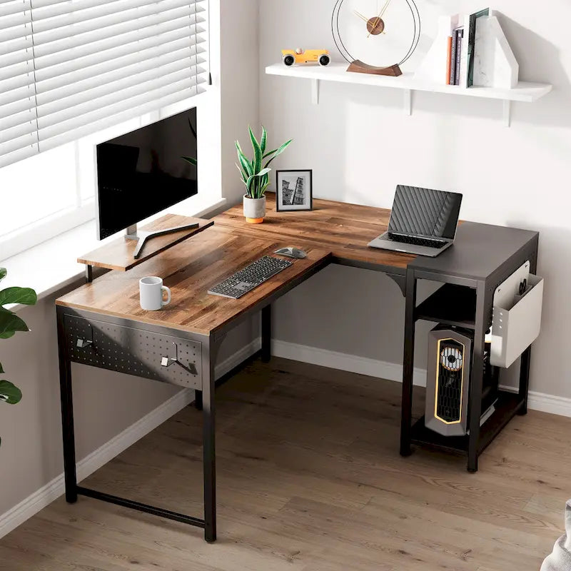 60 L-shaped Computer Desk Home Office Study Writing Desk with Monitor Stand and Storage Shelf