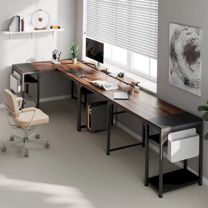 60 L-shaped Computer Desk Home Office Study Writing Desk with Monitor Stand and Storage Shelf-2