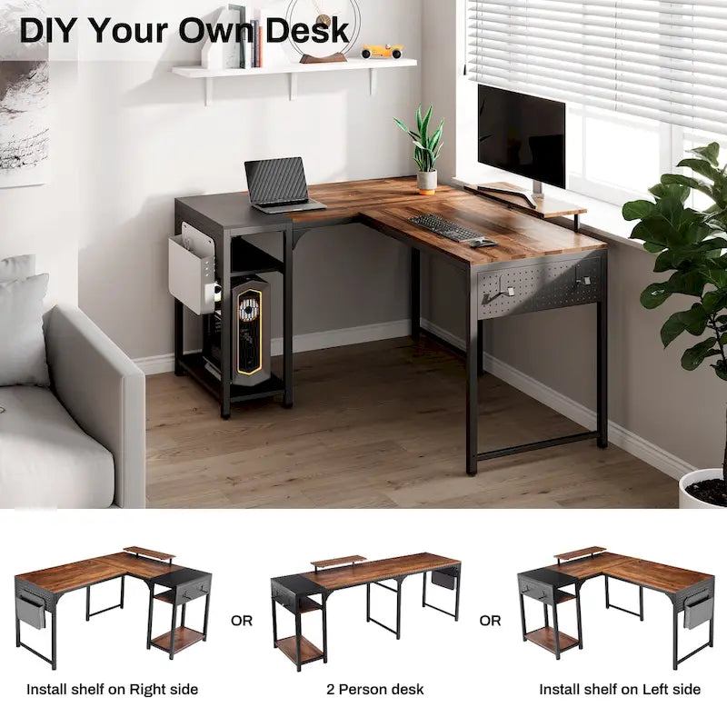 60 L-shaped Computer Desk Home Office Study Writing Desk with Monitor Stand and Storage Shelf-3