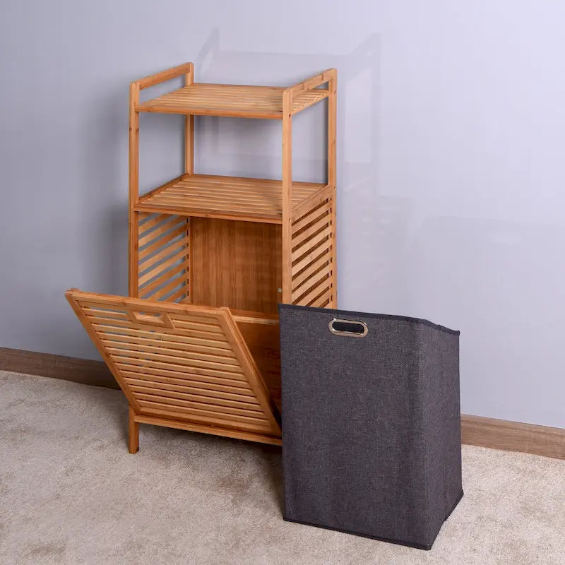 Brown Bamboo Bathroom Laundry Storage Floor Cabinet with 2-tier Shelf - 17.32 x 13 x 37.8 inch-4