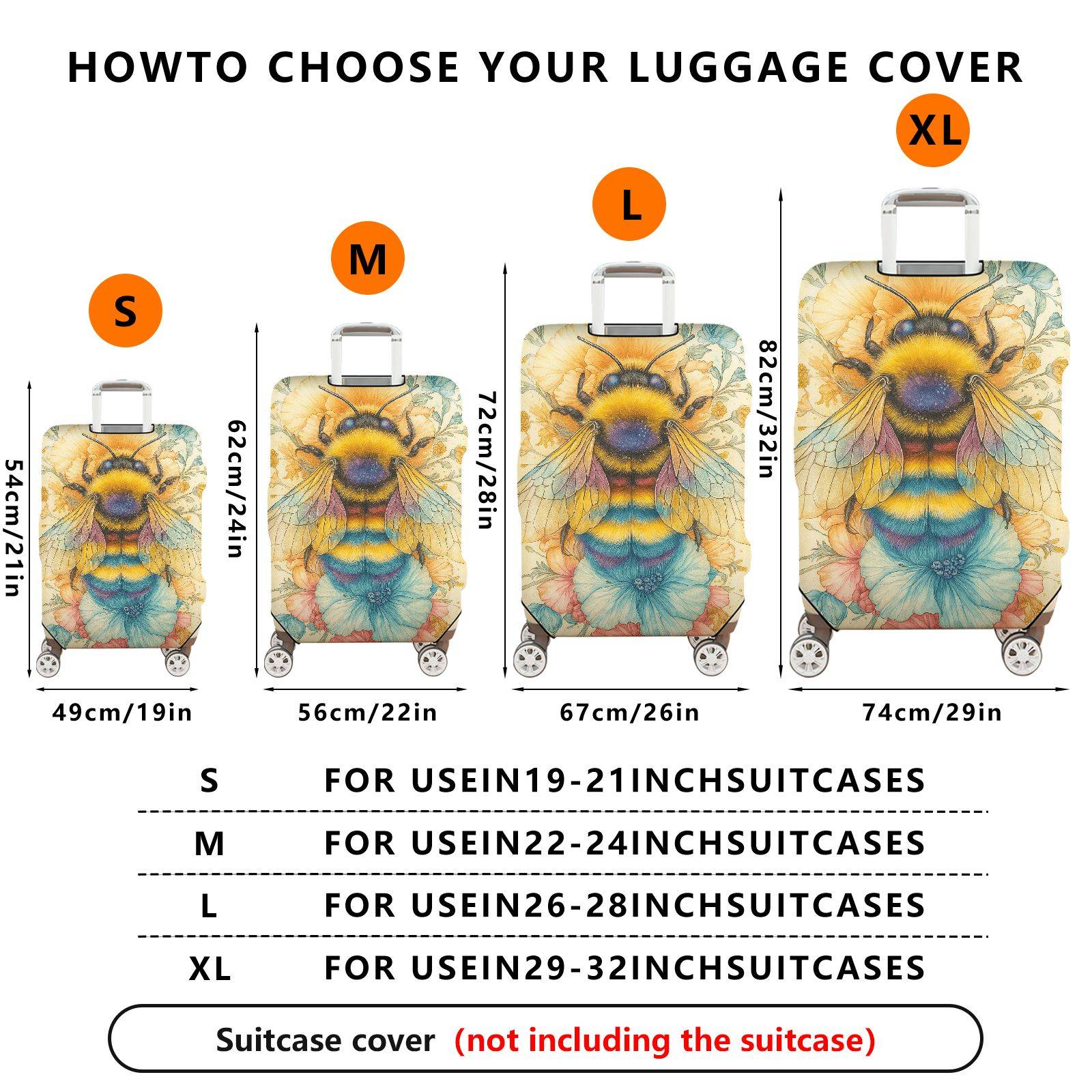 1-Piece Bee Floral Pastel Vintage Artistic Vibrant  Suitcase Luggage Cover, Stretch Protective Sleeve