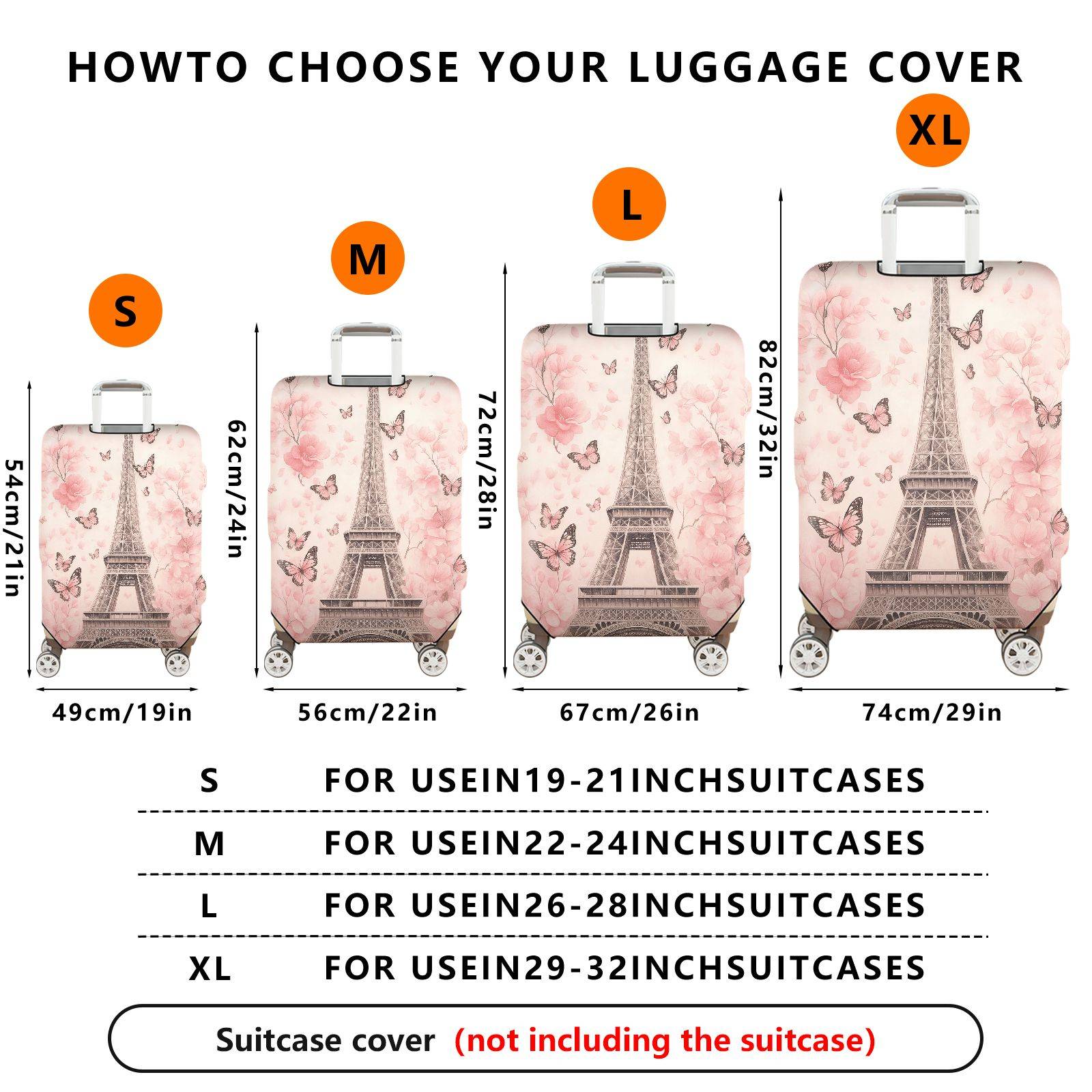 1-Piece Eiffel Tower Butterfly Flower Pink Romantic Paris  Suitcase Luggage Cover, Stretch Protective Sleeve