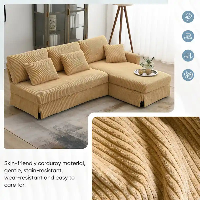 [VIDEO provided][New]87*61Modern L-shaped Corduroy Sofa with Reversible Chaise,4-seat Upholstered Sectional Indoor Furniture,Co-10