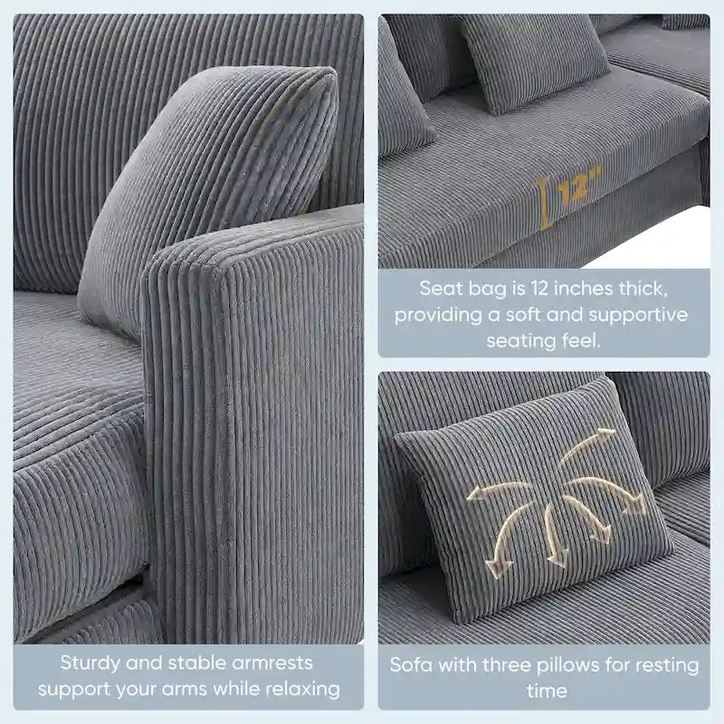 [VIDEO provided][New]87*61Modern L-shaped Corduroy Sofa with Reversible Chaise,4-seat Upholstered Sectional Indoor Furniture,Co-15