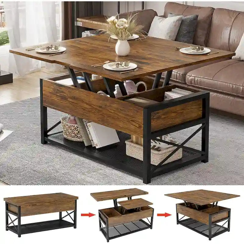 Lift Top Coffee Table Open Storage Shelf & Hidden Classified Storage-2