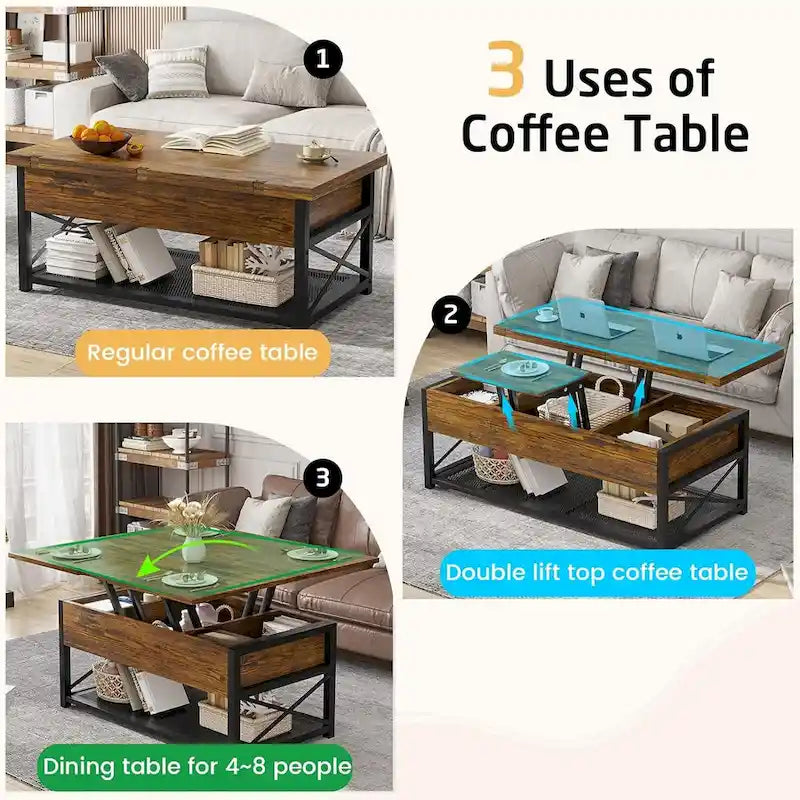 Lift Top Coffee Table Open Storage Shelf & Hidden Classified Storage-5