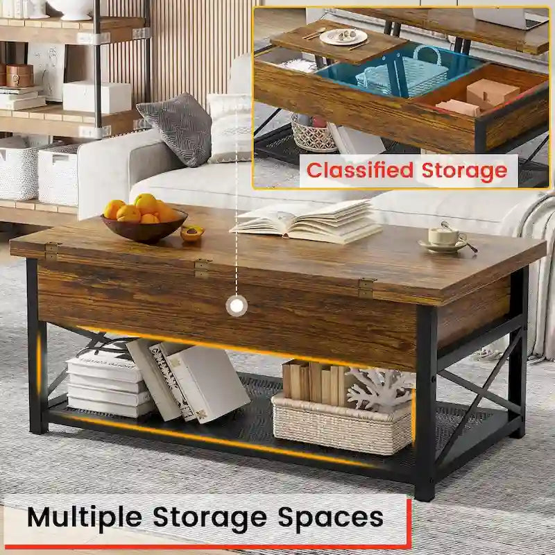Lift Top Coffee Table Open Storage Shelf & Hidden Classified Storage-6