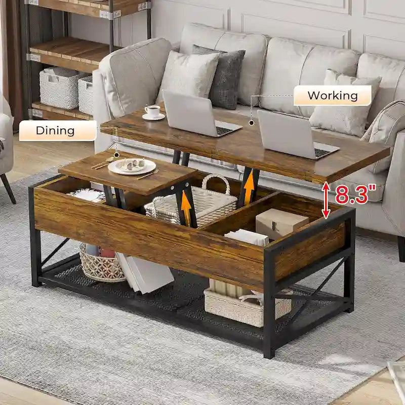 Lift Top Coffee Table Open Storage Shelf & Hidden Classified Storage-7