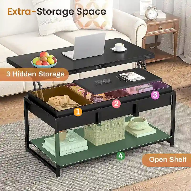 Lift Top Coffee Table Open Storage Shelf & Hidden Classified Storage-13