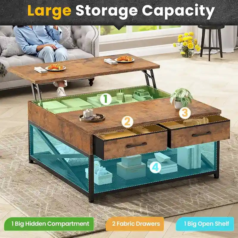 Lift Top Coffee Table Open Storage Shelf & Hidden Classified Storage-19
