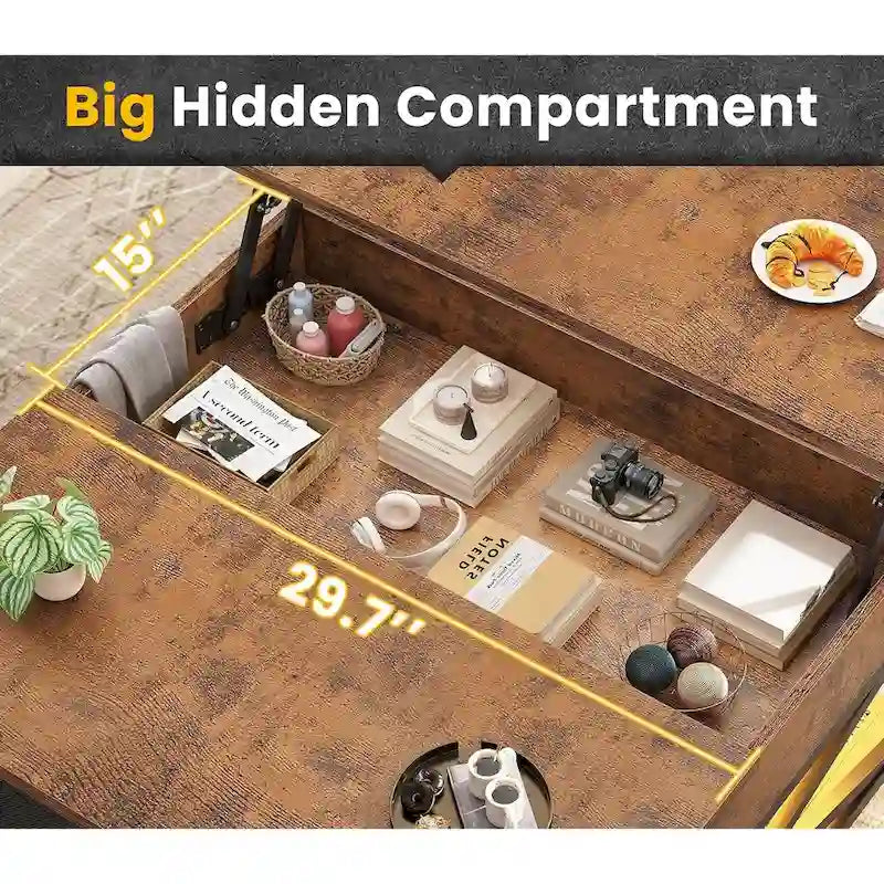 Lift Top Coffee Table Open Storage Shelf & Hidden Classified Storage-21