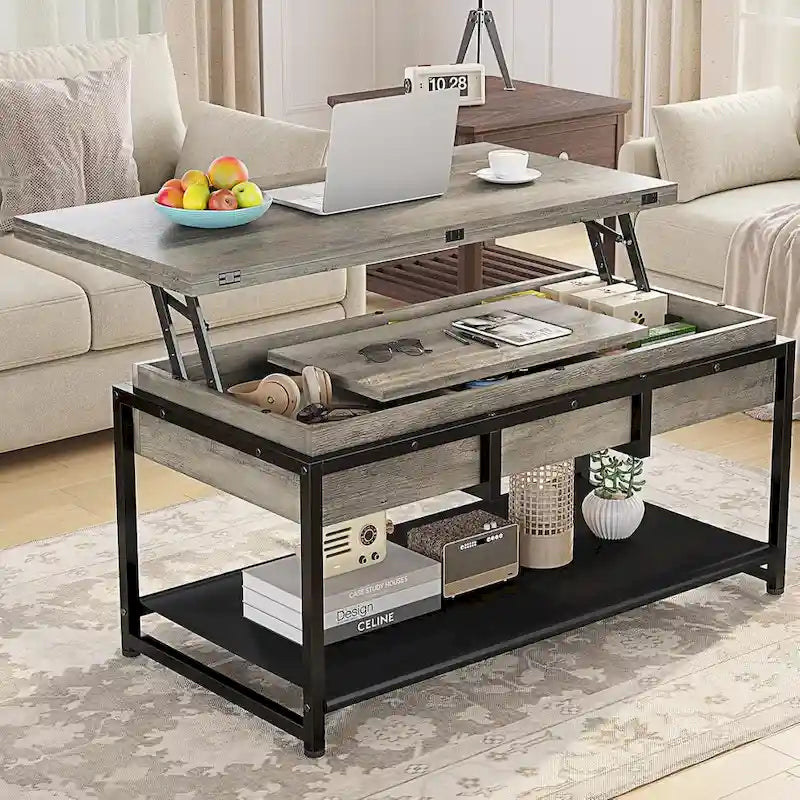 Lift Top Coffee Table Open Storage Shelf & Hidden Classified Storage-32