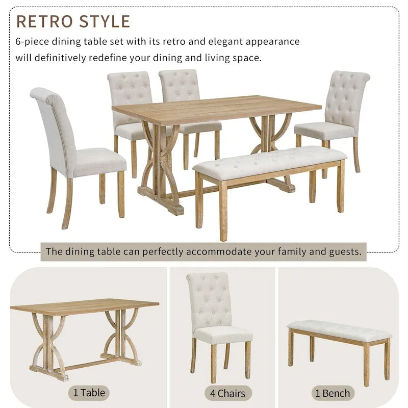 6-Piece Retro Rectangular Dining Table Set,Table with Unique Legs and 4 Upholstered Chairs & 1 Bench for Dining Room and Kitchen-5