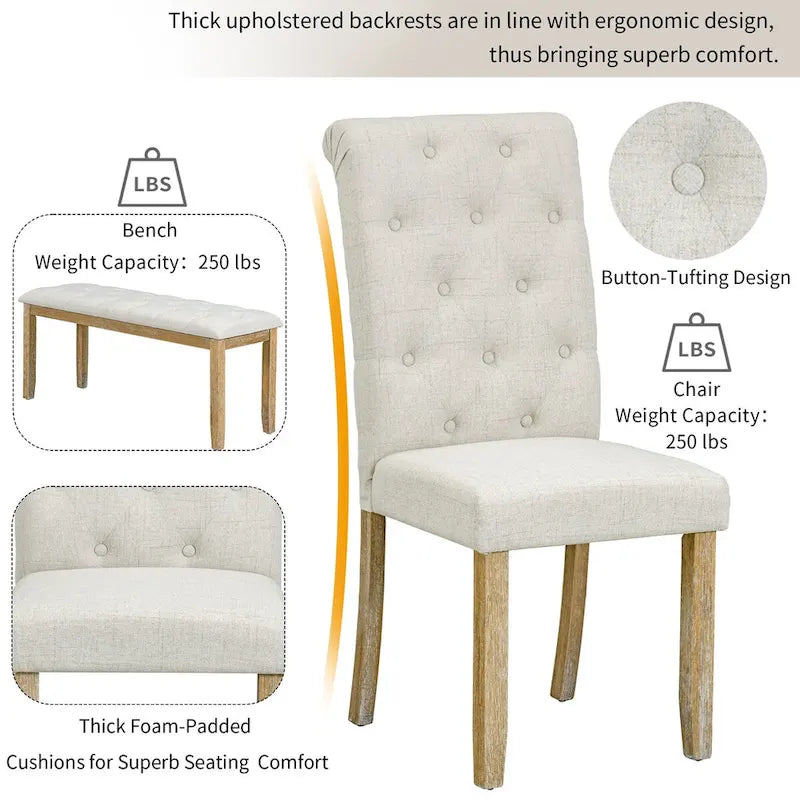 6-Piece Retro Rectangular Dining Table Set,Table with Unique Legs and 4 Upholstered Chairs & 1 Bench for Dining Room and Kitchen-8