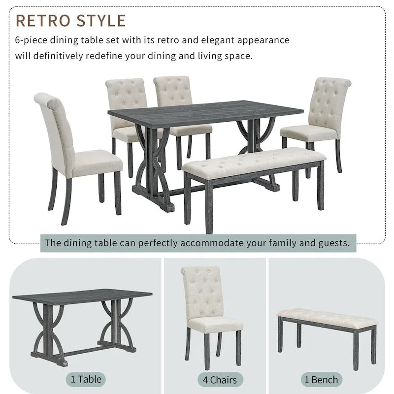 6-Piece Retro Rectangular Dining Table Set,Table with Unique Legs and 4 Upholstered Chairs & 1 Bench for Dining Room and Kitchen-13