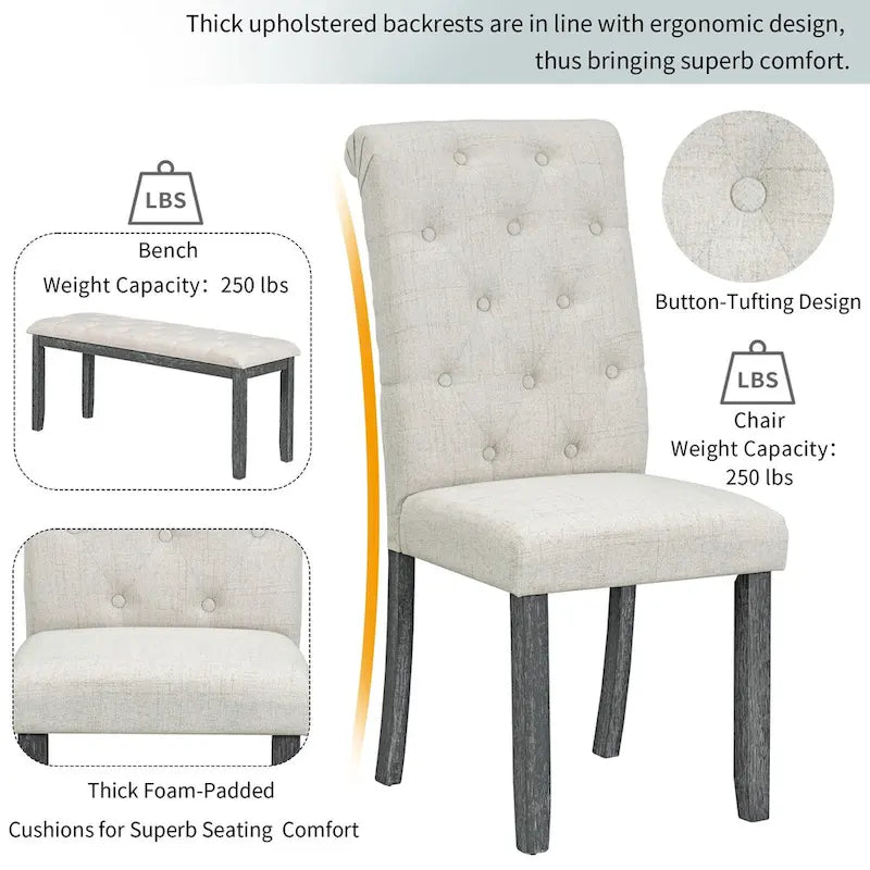 6-Piece Retro Rectangular Dining Table Set,Table with Unique Legs and 4 Upholstered Chairs & 1 Bench for Dining Room and Kitchen-16