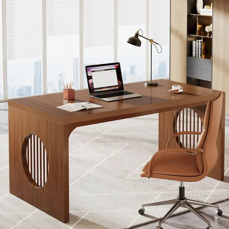 63 Computer Office Desk, Industrial Executive Desk, Rectangular Sturdy Writing Table with Wooden Tabletop for Home Office-2