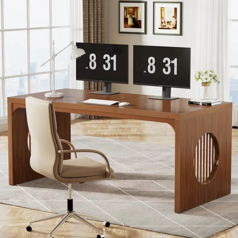 63 Computer Office Desk, Industrial Executive Desk, Rectangular Sturdy Writing Table with Wooden Tabletop for Home Office-3