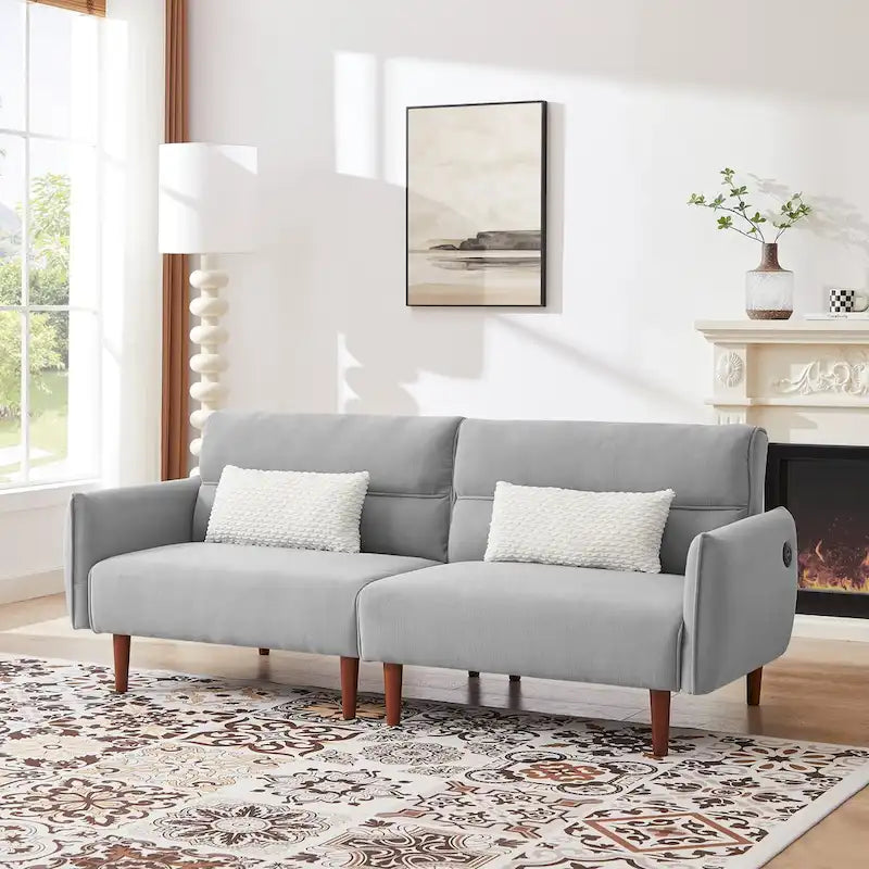 Convertible Futon Sofa Bed, Adjustable Couch Sleeper, Couch Corduroy Fabric Comfy Sofa bed with Wooden Legs & 2 Pillows-4