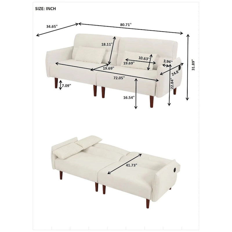 Convertible Futon Sofa Bed, Adjustable Couch Sleeper, Couch Corduroy Fabric Comfy Sofa bed with Wooden Legs & 2 Pillows-8