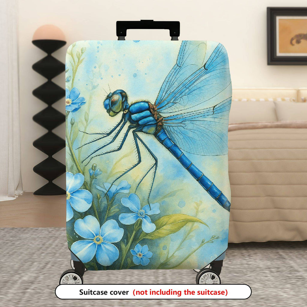 1-Piece Blue Dragonfly Floral Nature Art Travel  Suitcase Luggage Cover, Stretch Protective Sleeve