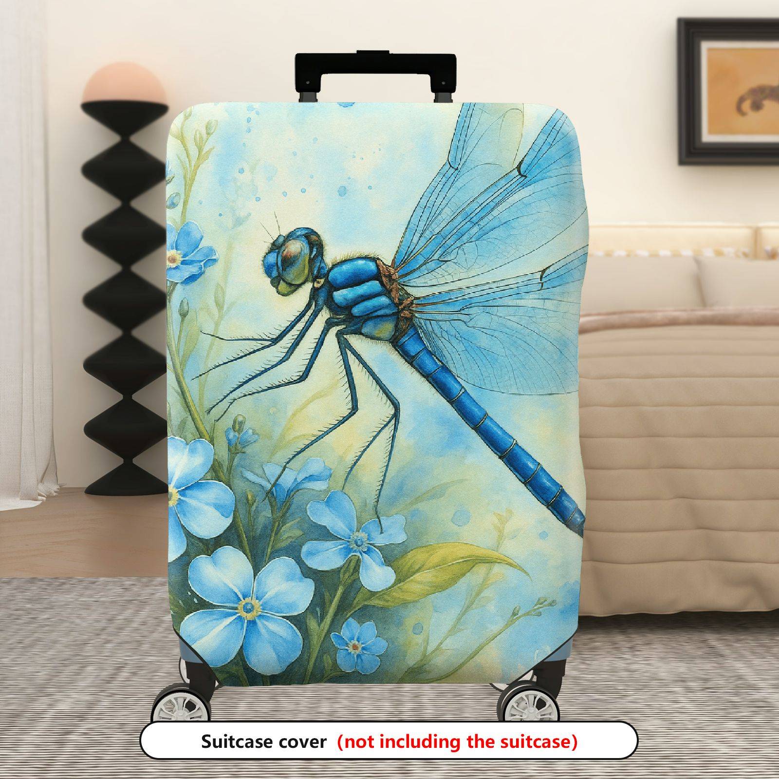 1-Piece Blue Dragonfly Floral Nature Art Travel  Suitcase Luggage Cover, Stretch Protective Sleeve