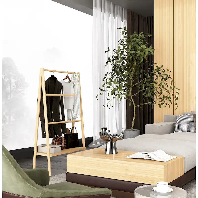 Bamboo Ladder Towel Rack with Storage Shelf