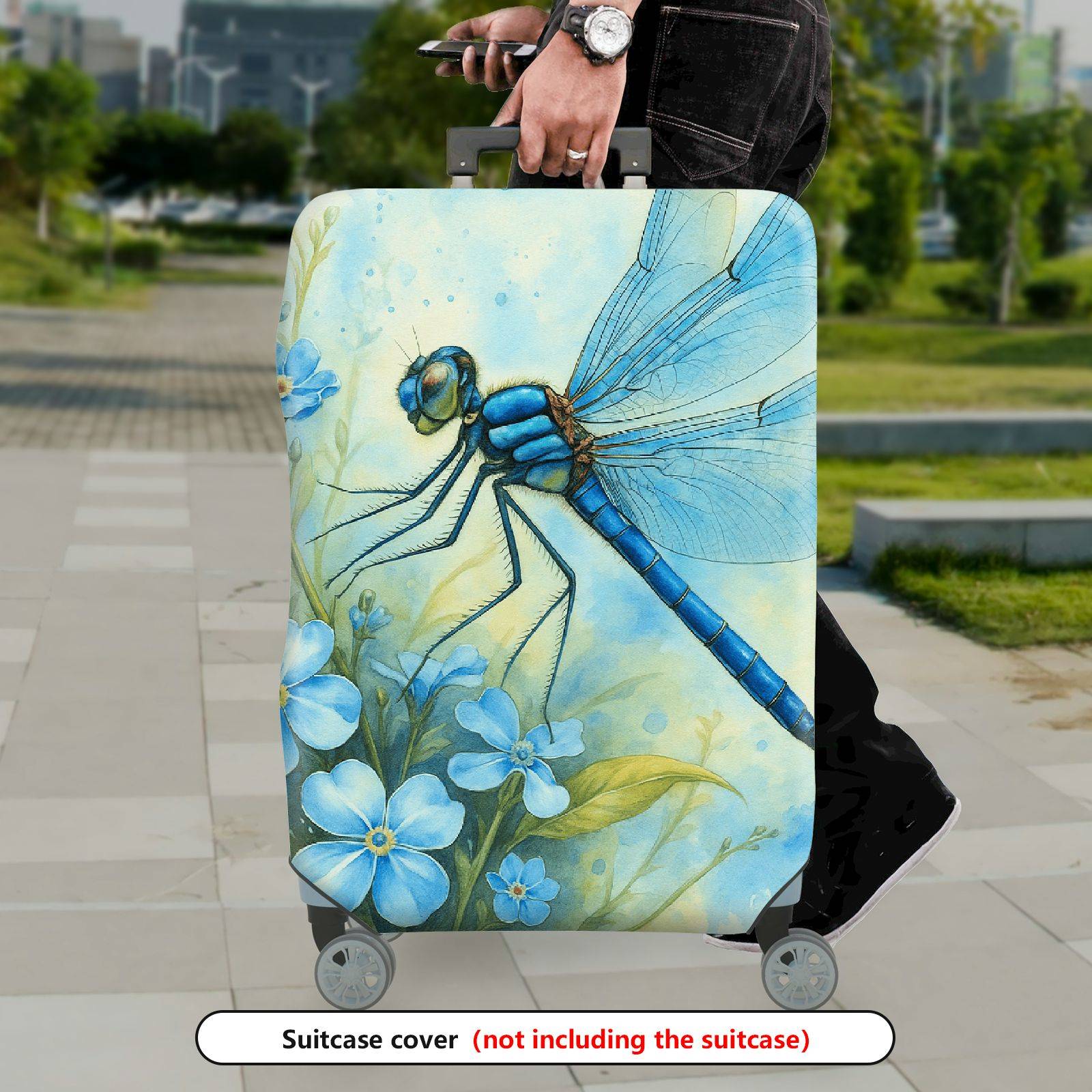 1-Piece Blue Dragonfly Floral Nature Art Travel  Suitcase Luggage Cover, Stretch Protective Sleeve